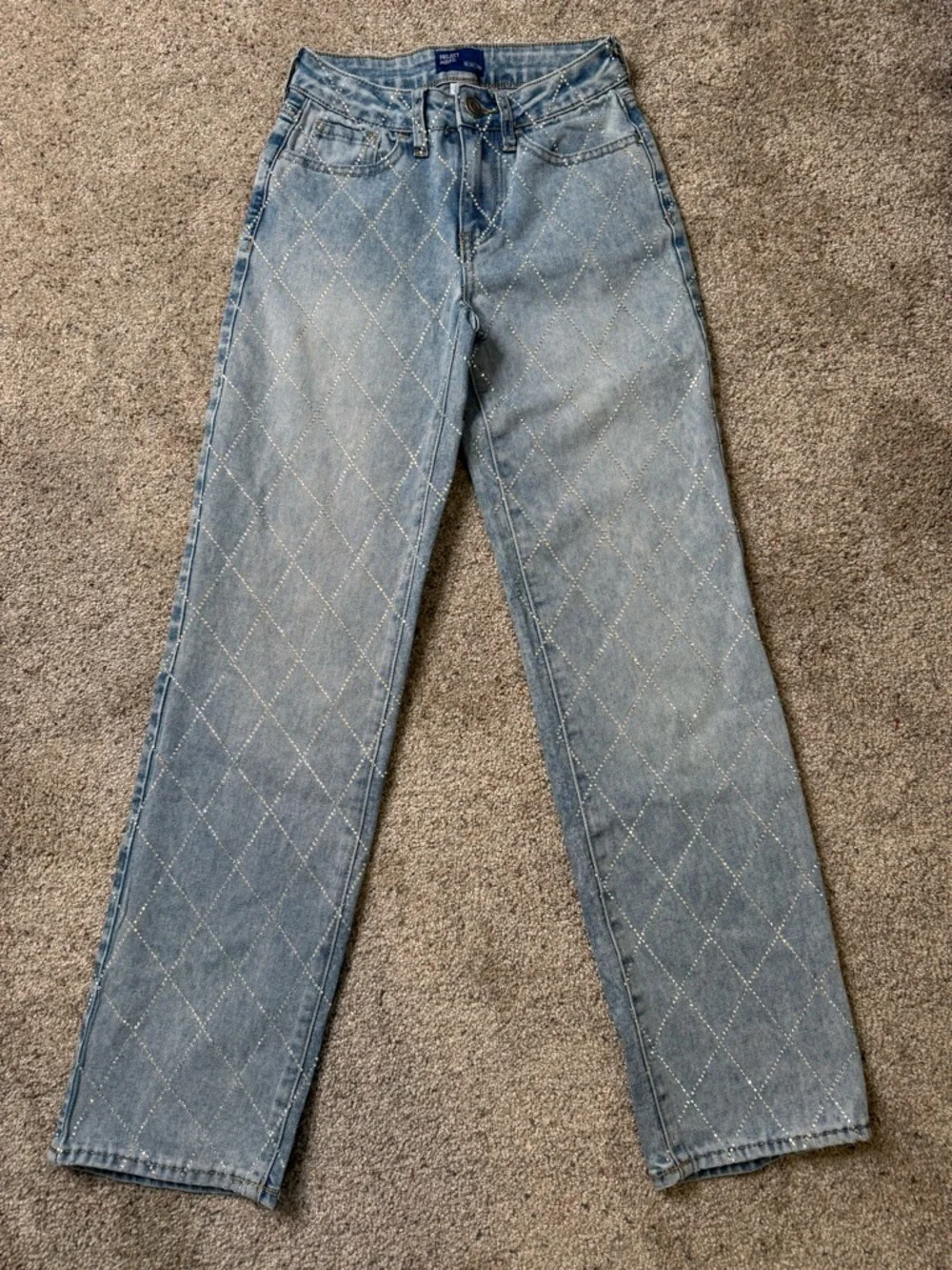 Girls Light Blue Quilted Rhinestone Pattern Jeans